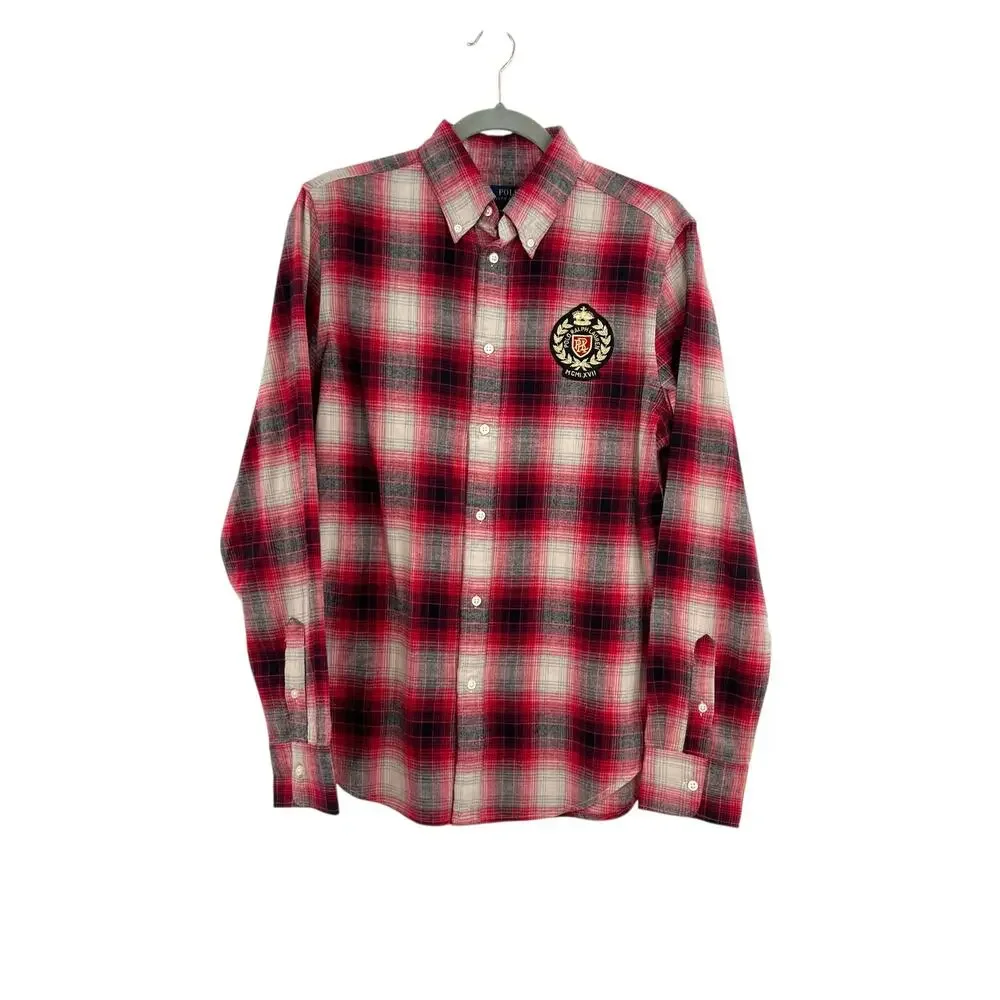 Polo Ralph Lauren Shirt Button Down‎ Flannel Crest Logo Patch Plaid Red Large